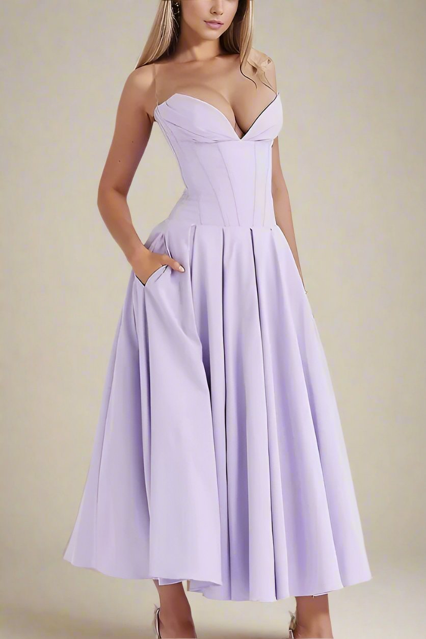 Woman wearing a figure flattering Gabbi Bodycon Midi Dress - Lavender Purple BODYCON COLLECTION