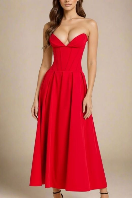 Woman wearing a figure flattering Gabbi Bodycon Midi Dress - Lipstick Red BODYCON COLLECTION