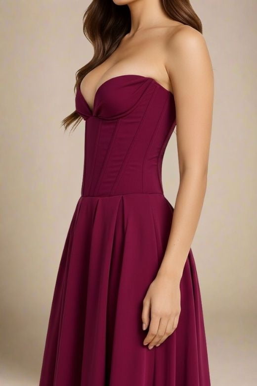 Woman wearing a figure flattering Gabbi Bodycon Midi Dress - Red Wine BODYCON COLLECTION