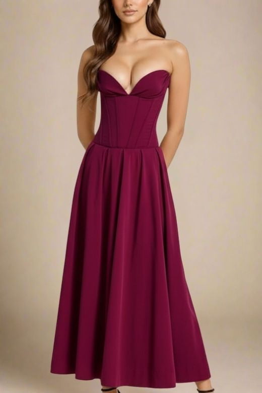 Woman wearing a figure flattering Gabbi Bodycon Midi Dress - Red Wine BODYCON COLLECTION