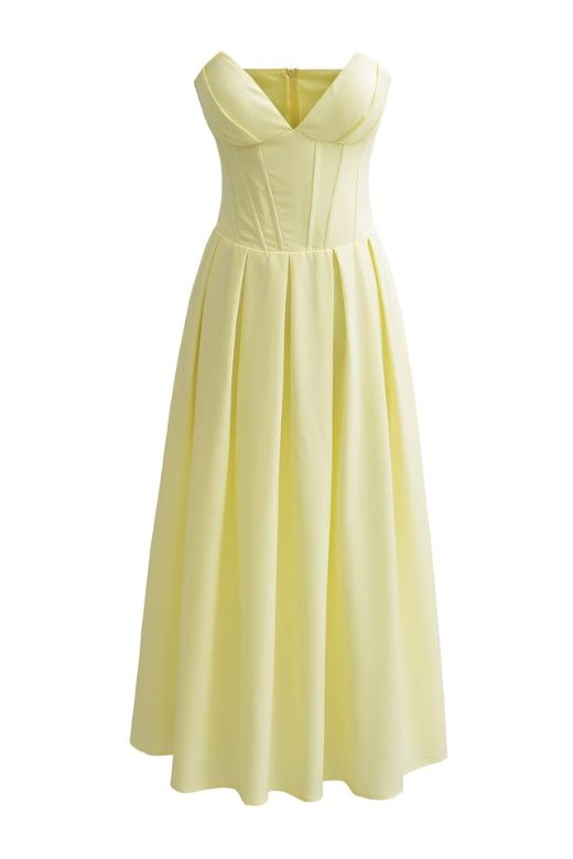 Woman wearing a figure flattering Gabbi Bodycon Midi Dress - Sun Yellow BODYCON COLLECTION