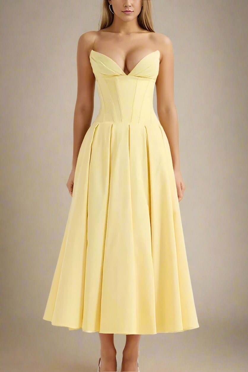 Woman wearing a figure flattering Gabbi Bodycon Midi Dress - Sun Yellow BODYCON COLLECTION