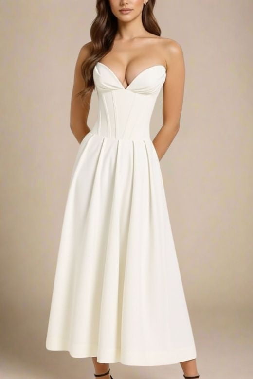 Woman wearing a figure flattering Gabbi Bodycon Midi Dress - White Pearl BODYCON COLLECTION