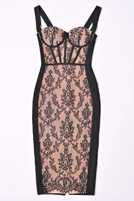 Woman wearing a figure flattering Genevieve Bodycon Lace Midi Dress - Classic Black BODYCON COLLECTION