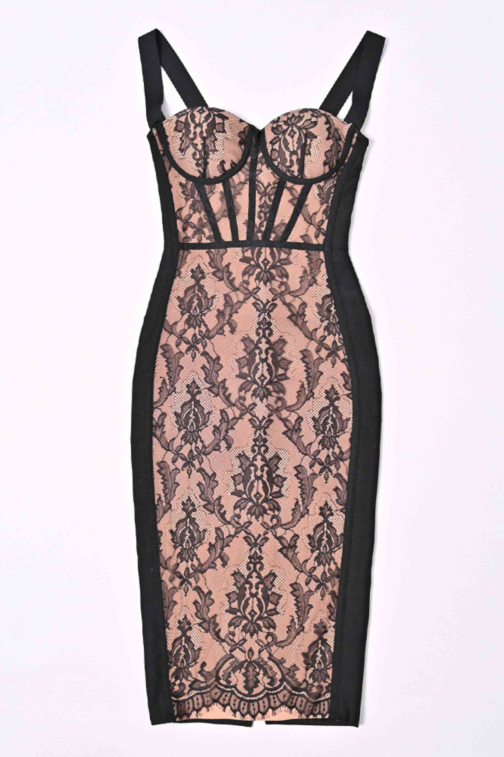 Woman wearing a figure flattering Genevieve Bodycon Lace Midi Dress - Classic Black BODYCON COLLECTION