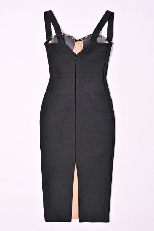 Woman wearing a figure flattering Genevieve Bodycon Lace Midi Dress - Classic Black BODYCON COLLECTION