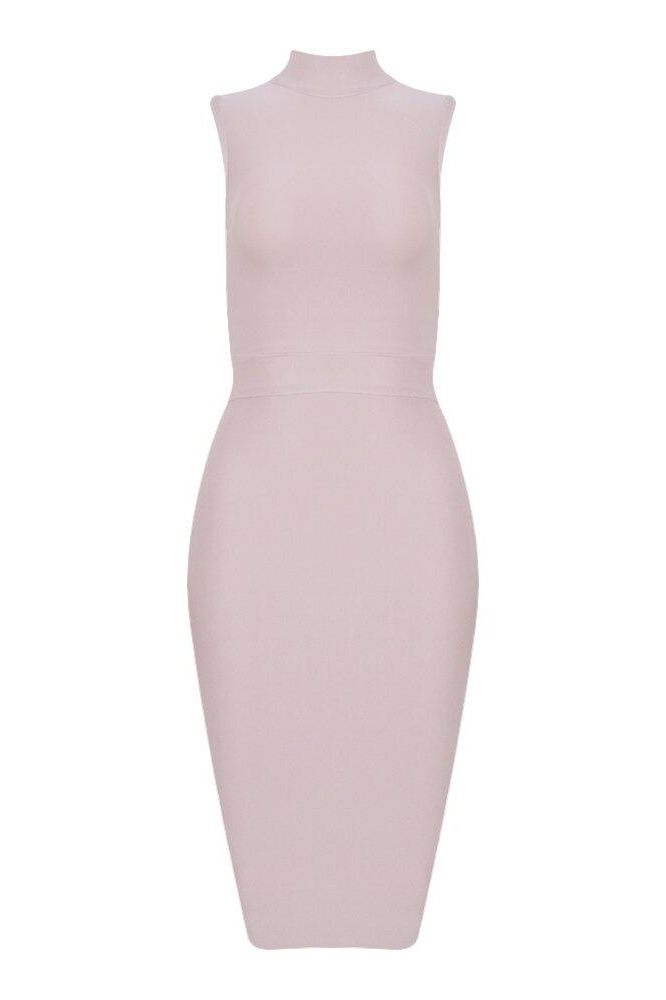Woman wearing a figure flattering  Grace Bandage Midi Dress - Cream Bodycon Collection