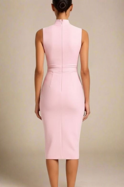 Woman wearing a figure flattering Grace Bandage Midi Dress - Dusty Pink Bodycon Collection