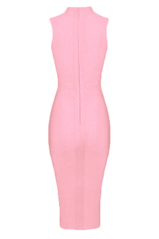 Woman wearing a figure flattering Grace Bandage Midi Dress - Dusty Pink Bodycon Collection
