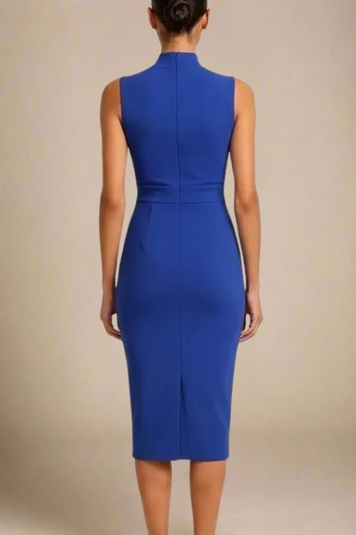 Woman wearing a figure flattering Grace Bandage Midi Dress - Navy Blue Bodycon Collection