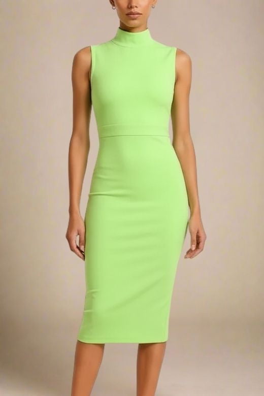 Woman wearing a figure flattering Grace Bandage Midi Dress - Neon Green Bodycon Collection