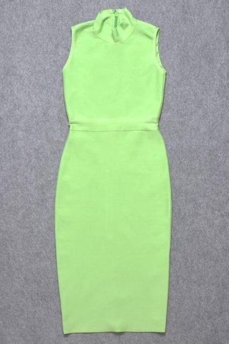 Woman wearing a figure flattering Grace Bandage Midi Dress - Neon Green Bodycon Collection