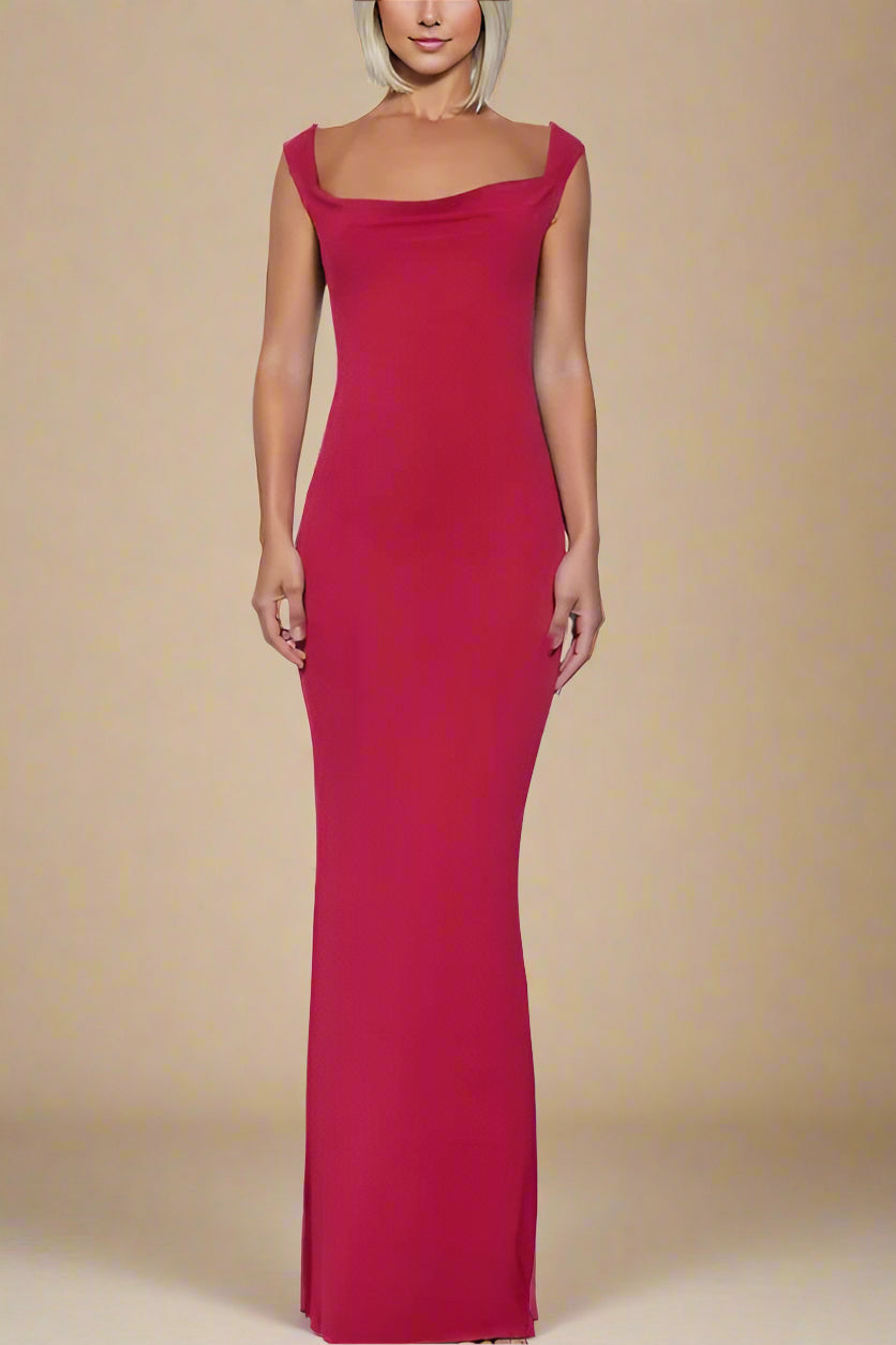 Woman wearing a figure flattering Harper Bodycon Maxi Dress - Lipstick Red BODYCON COLLECTION