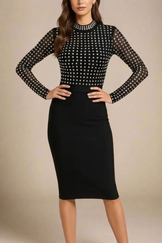 Woman wearing a figure flattering Hazel Long Sleeve Bodycon Dress - Classic Black BODYCON COLLECTION Pty Ltd