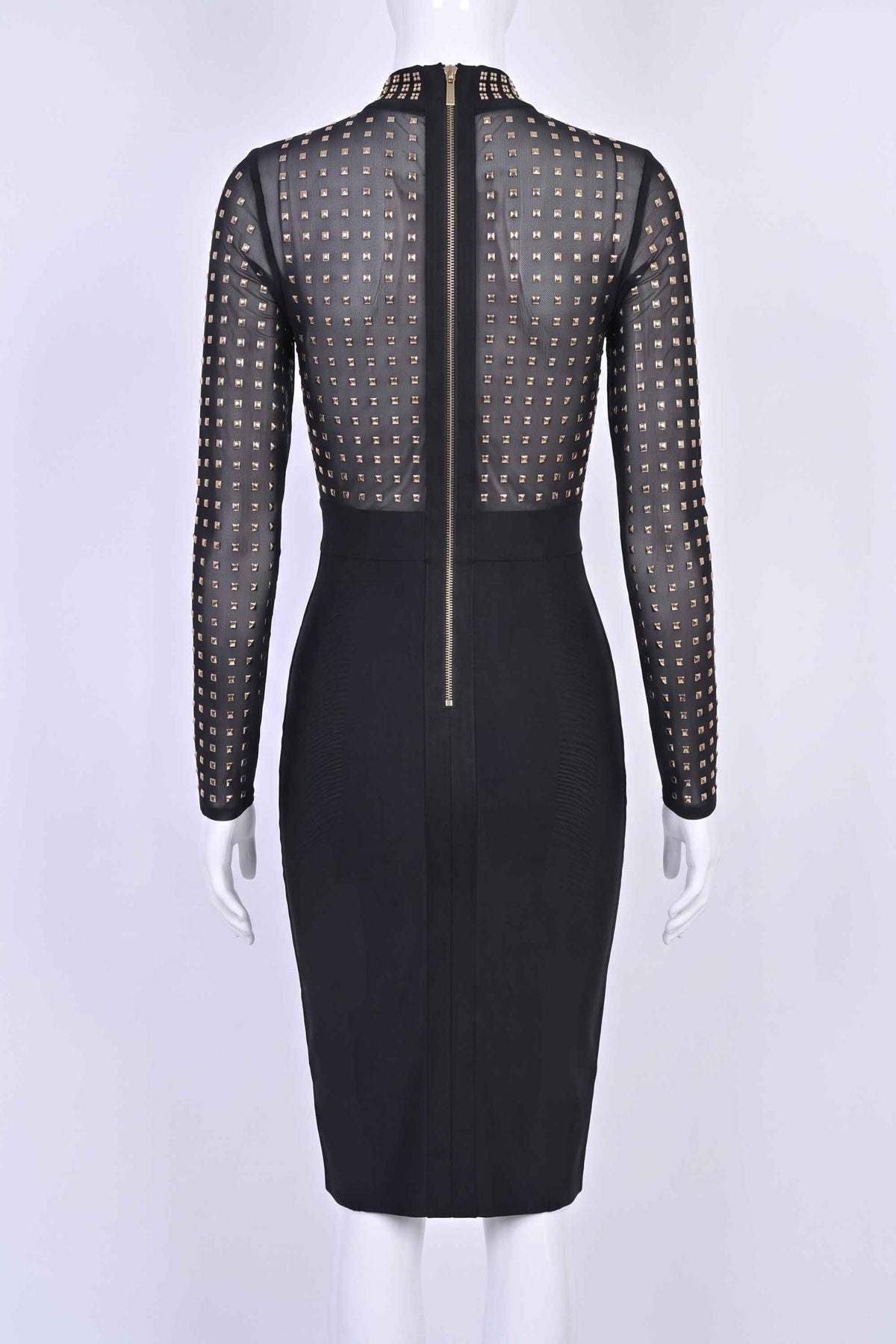 Woman wearing a figure flattering Hazel Long Sleeve Bodycon Dress - Classic Black BODYCON COLLECTION Pty Ltd