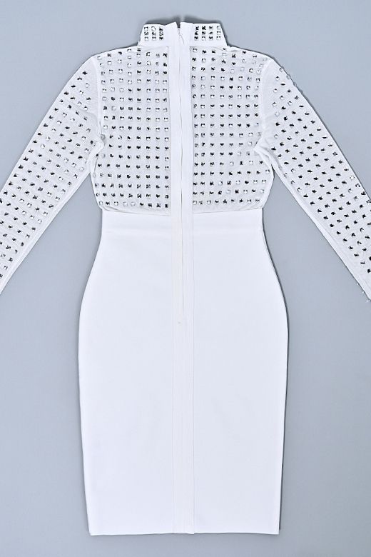 Woman wearing a figure flattering Hazel Long Sleeve Bodycon Dress - White Pearl BODYCON COLLECTION Pty Ltd