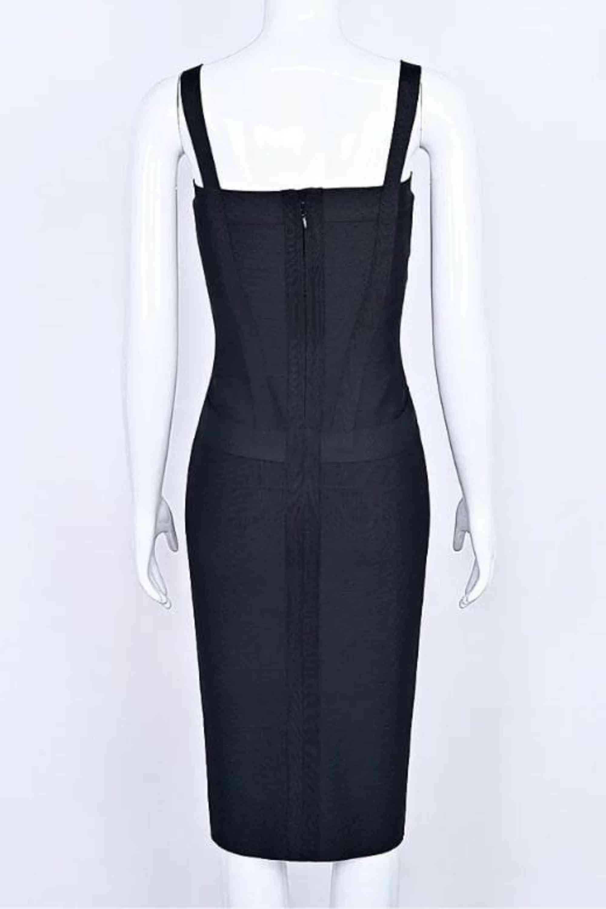Woman wearing a figure flattering Heidi Bandage Midi Dress - Classic Black Bodycon Collection