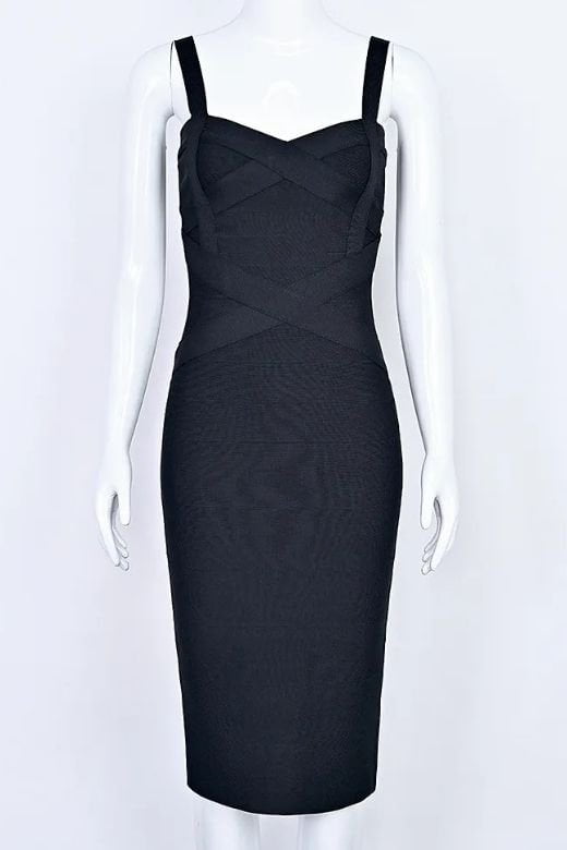 Woman wearing a figure flattering Heidi Bandage Midi Dress - Classic Black Bodycon Collection