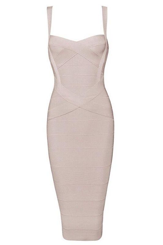 Woman wearing a figure flattering Heidi Bandage Midi Dress - Cream Bodycon Collection