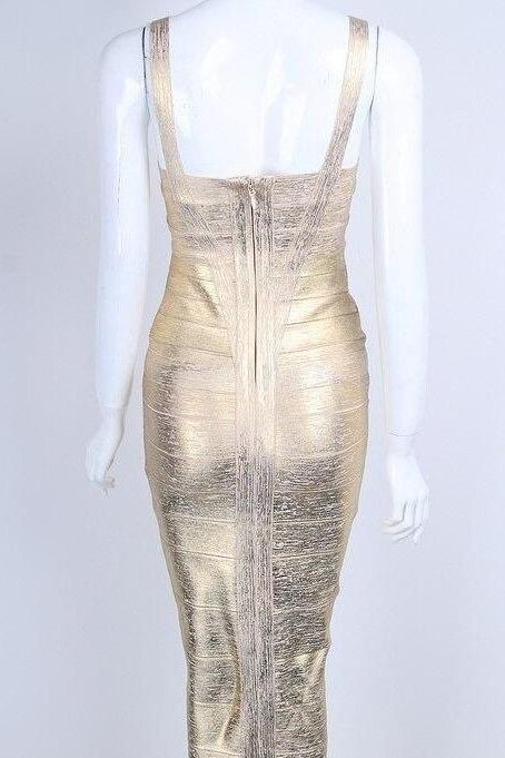Woman wearing a figure flattering Heidi Bandage Midi Dress - Gold BODYCON COLLECTION