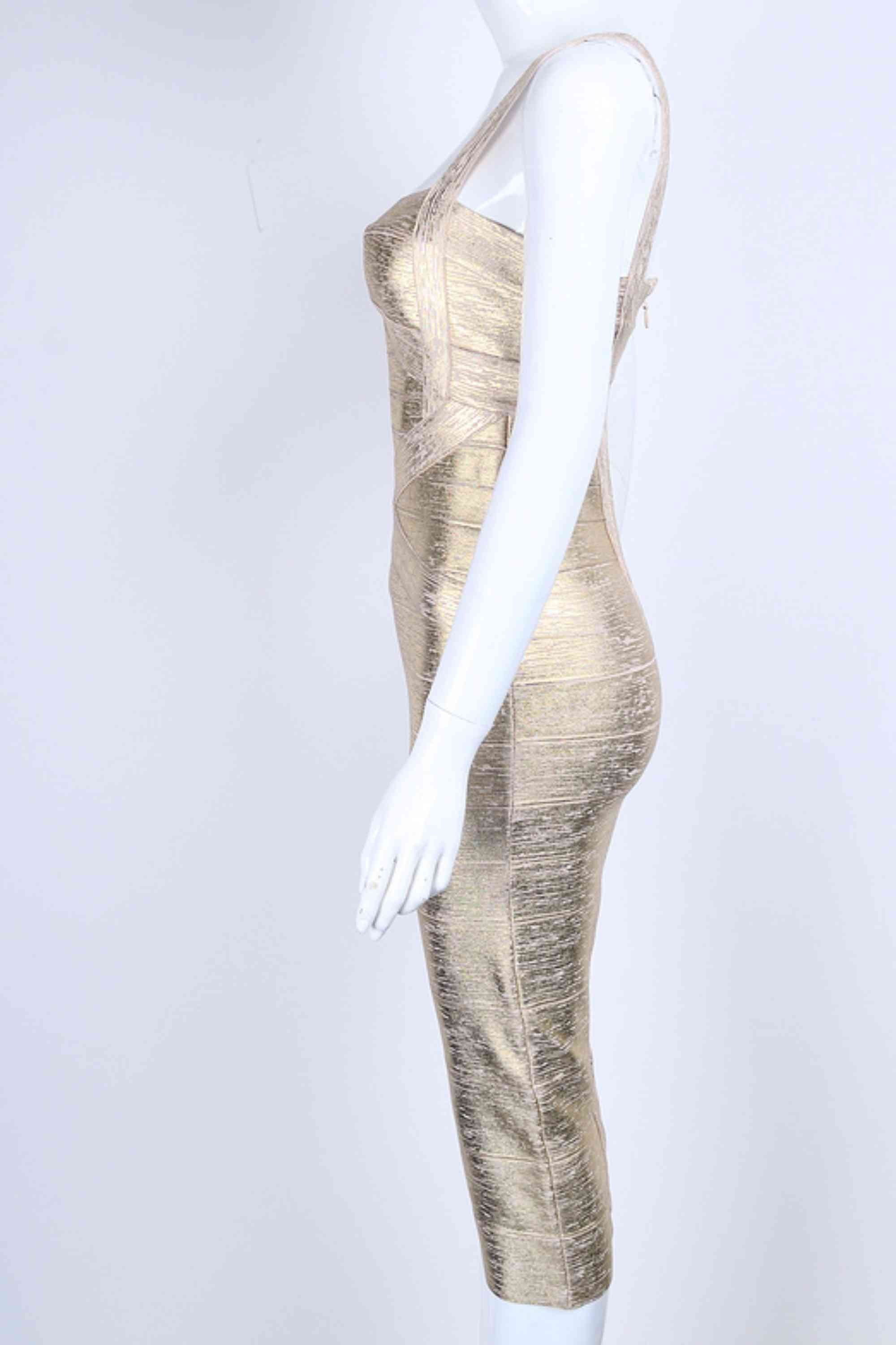 Woman wearing a gold party dress Heidi Bandage Midi Dress - Gold BODYCON COLLECTION