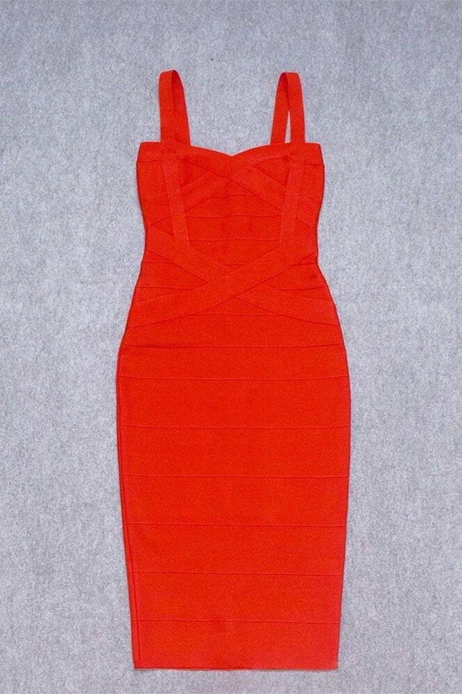 Woman wearing a figure flattering Heidi Bandage Midi Dress - Lipstick Red Bodycon Collection