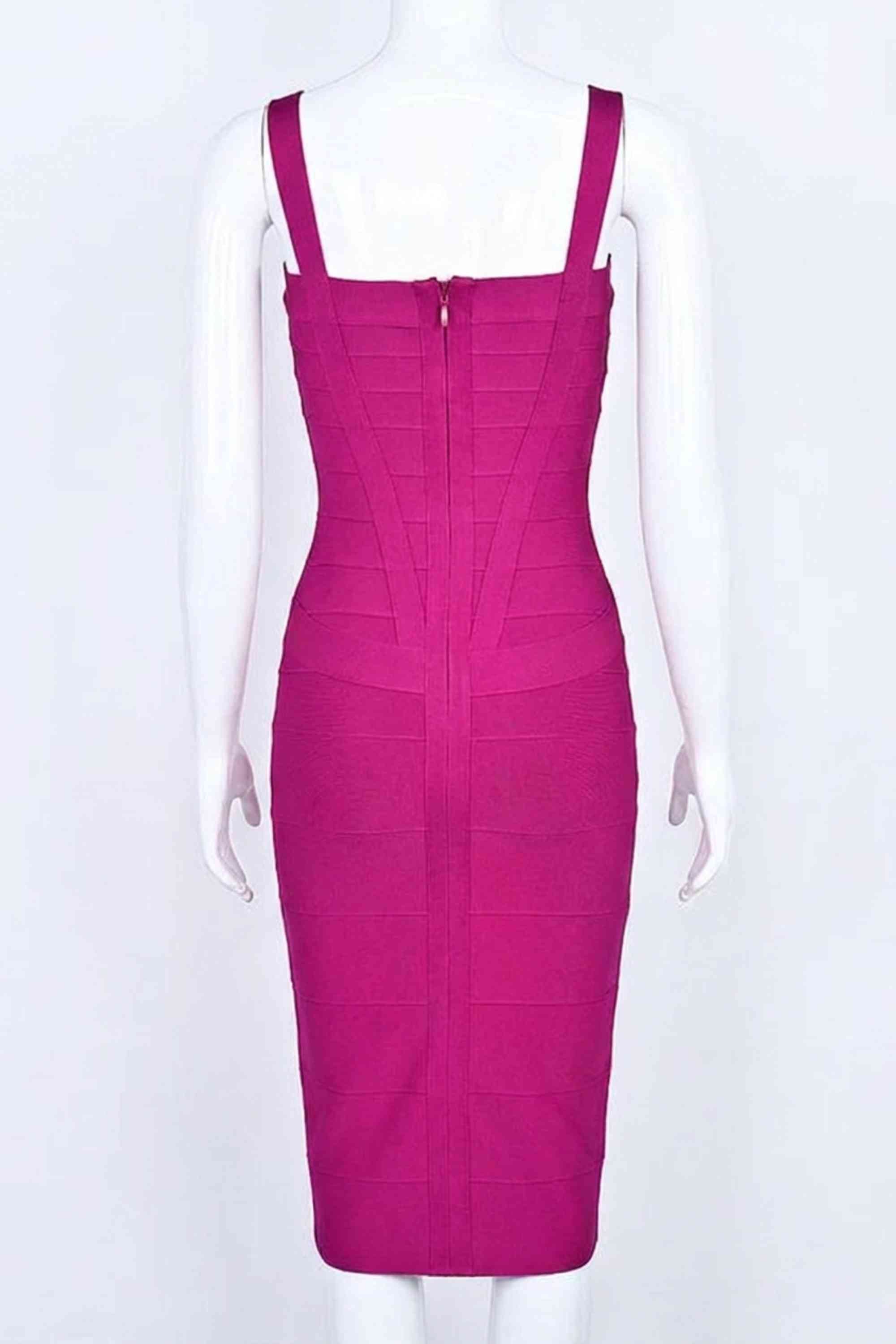 Woman wearing a figure flattering Heidi Bandage Midi Dress - Magenta Pink Bodycon Collection