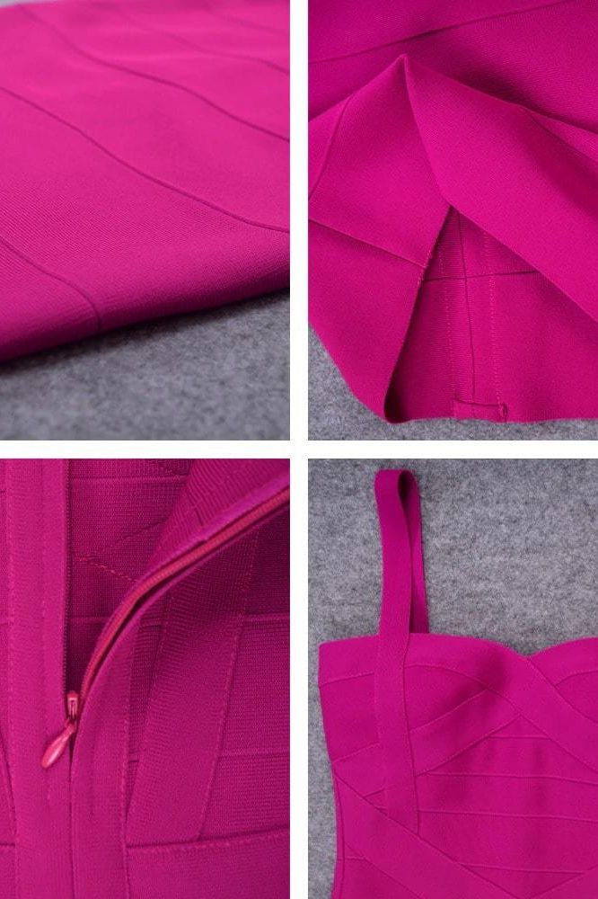 Woman wearing a figure flattering Heidi Bandage Midi Dress - Magenta Pink Bodycon Collection
