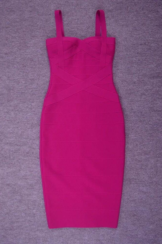 Woman wearing a figure flattering Heidi Bandage Midi Dress - Magenta Pink Bodycon Collection