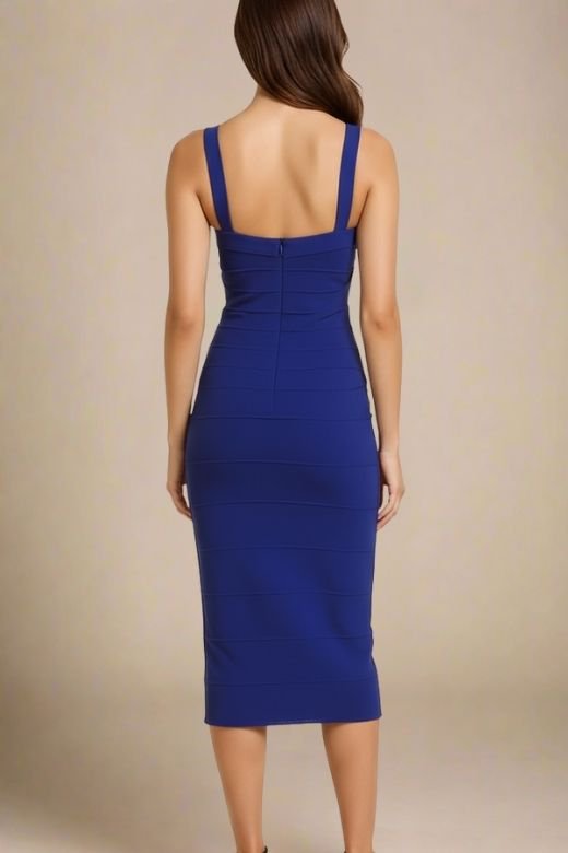 Woman wearing a figure flattering navy blue party dress Heidi Bandage Midi Dress - Navy Blue Bodycon Collection