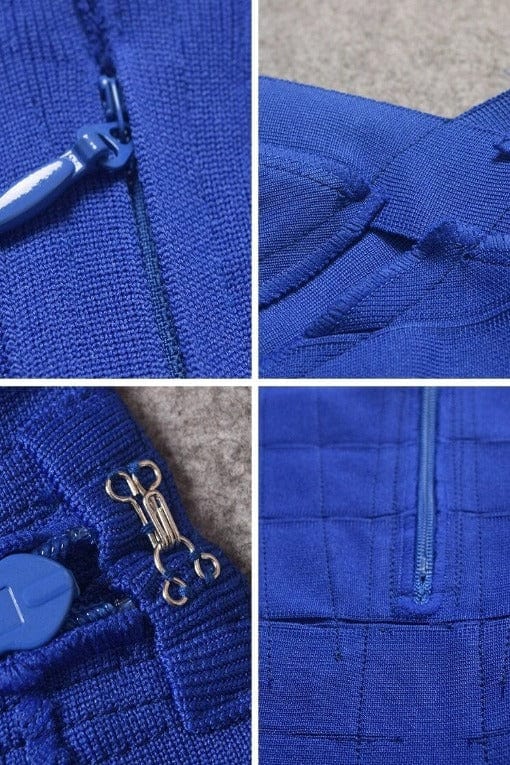 Woman wearing a figure flattering Heidi Bandage Midi Dress - Navy Blue Bodycon Collection