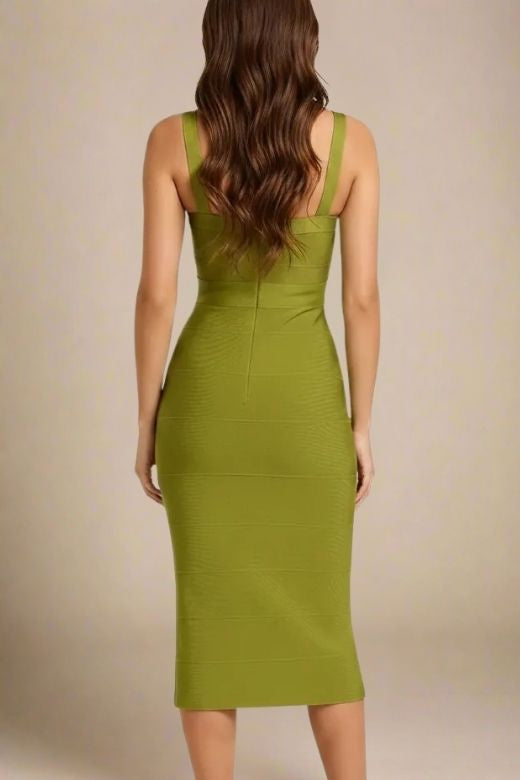 Woman wearing a figure flattering Heidi Bandage Midi Dress - Olive Green Bodycon Collection
