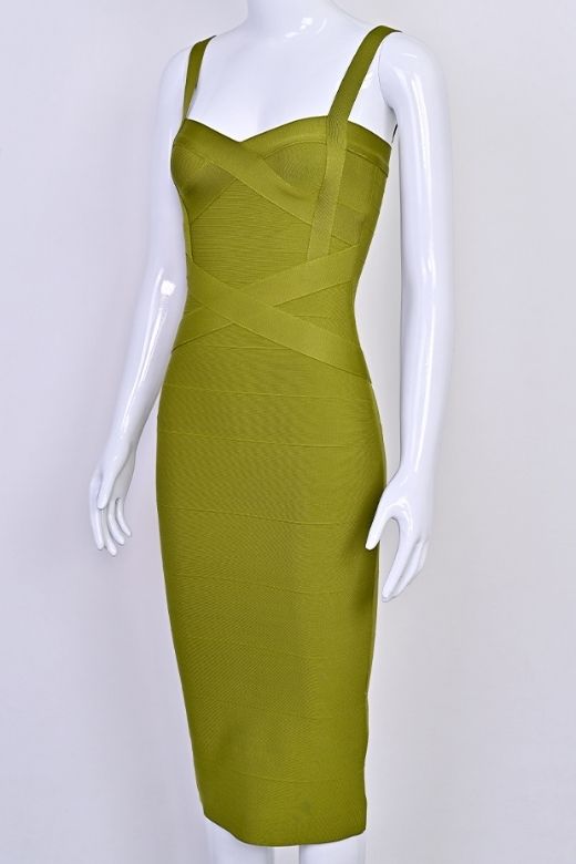 Woman wearing a figure flattering Heidi Bandage Midi Dress - Olive Green Bodycon Collection