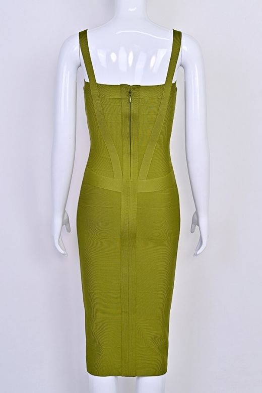 Woman wearing a figure flattering Heidi Bandage Midi Dress - Olive Green Bodycon Collection