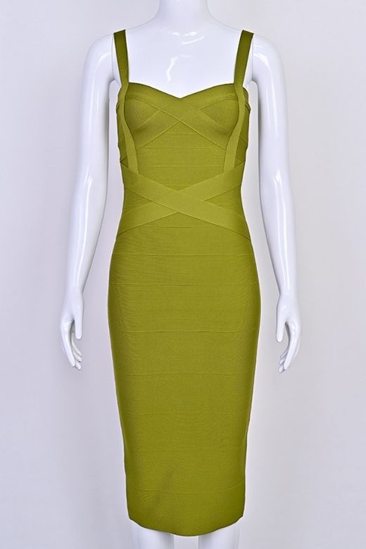 Woman wearing a figure flattering Heidi Bandage Midi Dress - Olive Green Bodycon Collection