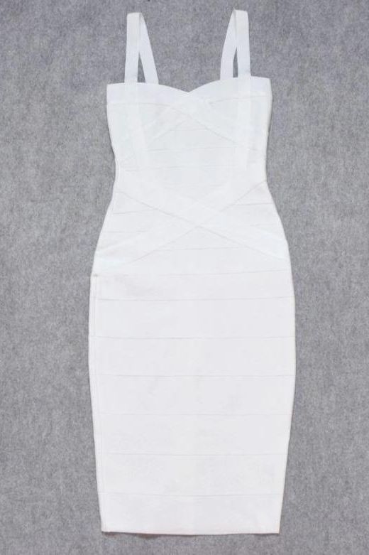 Woman wearing a figure flattering Heidi Bandage Midi Dress - Pearl White Bodycon Collection