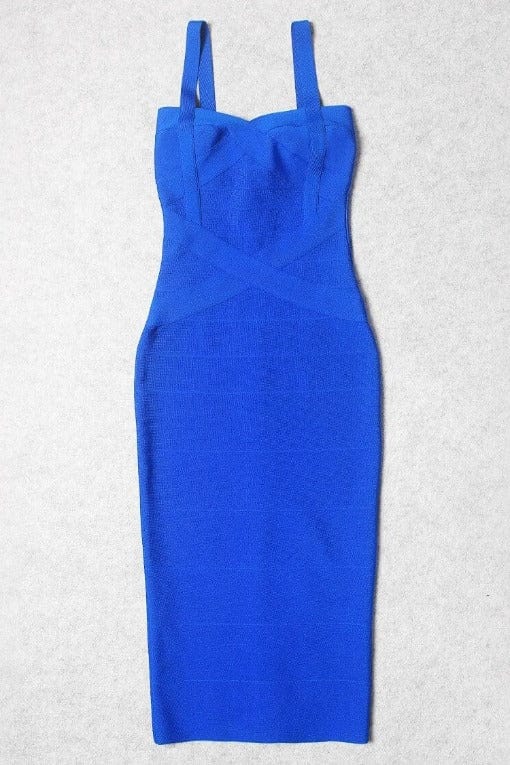 Woman wearing a figure flattering Heidi Bandage Midi Dress - Royal Blue Bodycon Collection