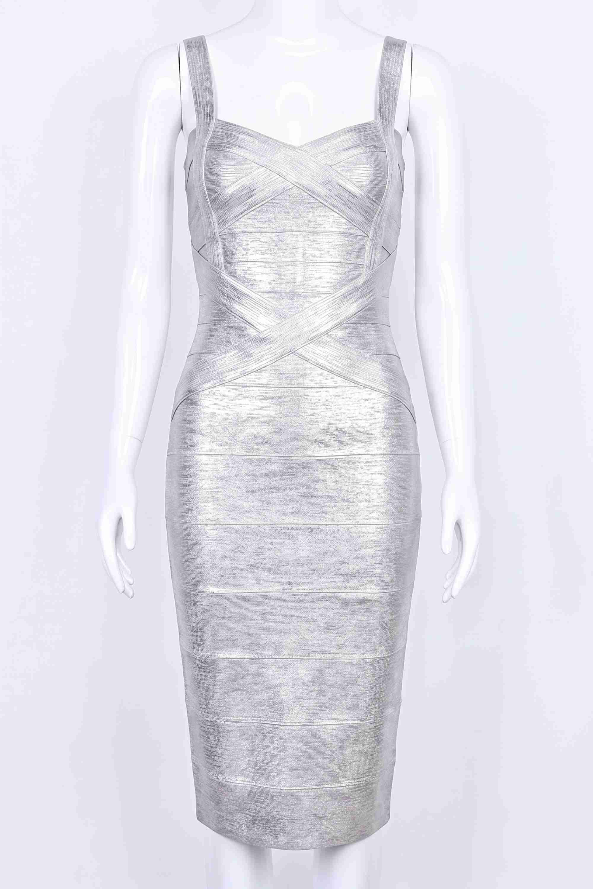 Woman wearing a figure flattering Heidi Bandage Midi Dress - Silver BODYCON COLLECTION