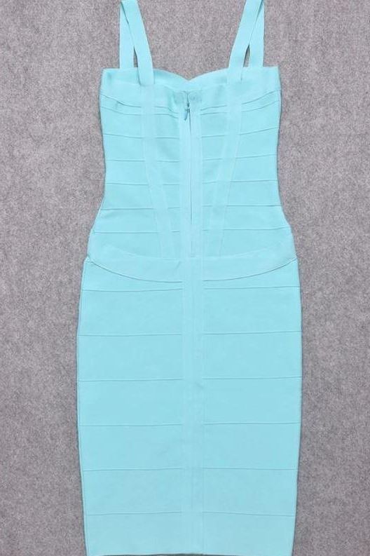Woman wearing a figure flattering Heidi Bandage Midi Dress - Sky Blue Bodycon Collection