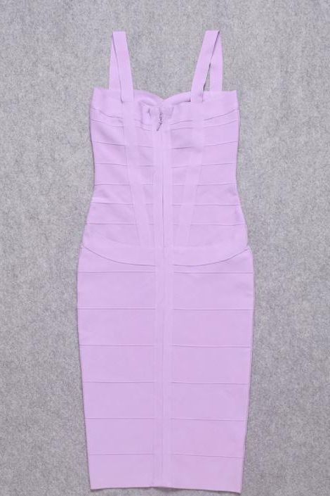 Woman wearing a figure flattering Heidi Bandage Midi Dress - Violet Bodycon Collection