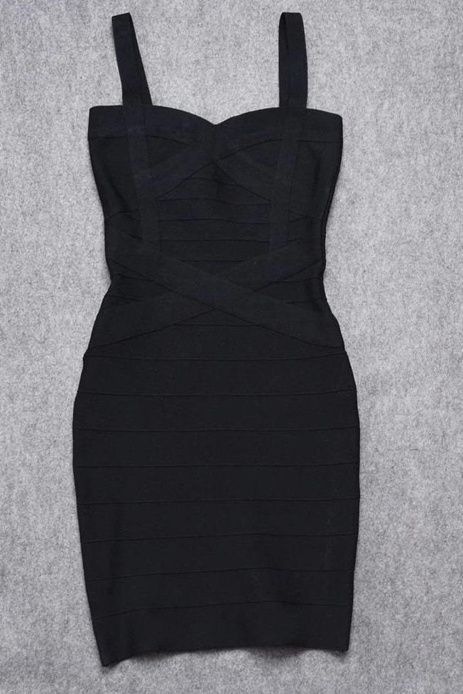 Woman wearing a figure flattering Heidi Bandage Mini Dress - Classic Black Bodycon Collection