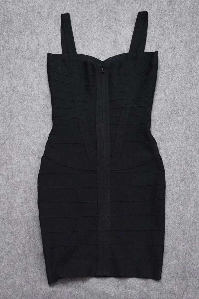 Woman wearing a figure flattering Heidi Bandage Mini Dress - Classic Black Bodycon Collection