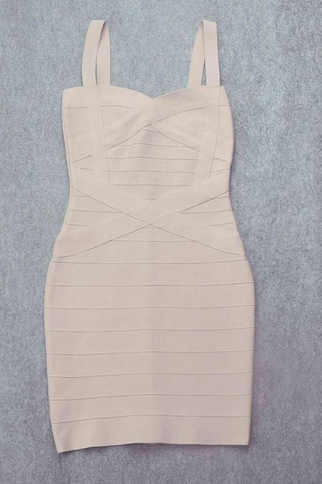 Woman wearing a figure flattering Heidi Bandage Mini Dress - Cream Bodycon Collection