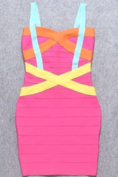 Woman wearing a figure flattering Heidi Bandage Mini Dress - Hot Pink Bodycon Collection