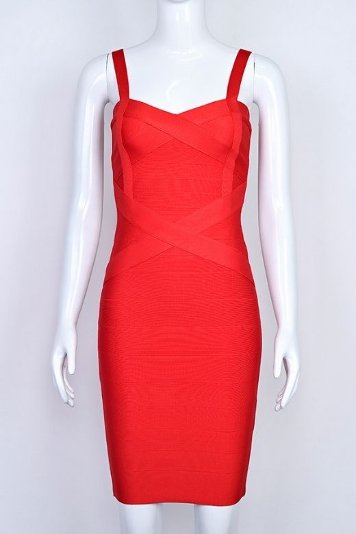 Woman wearing a figure flattering Heidi Bandage Mini Dress - Lipstick Red Bodycon Collection