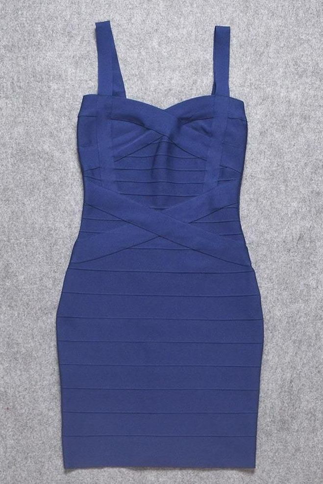 Woman wearing a figure flattering Heidi Bandage Mini Dress - Navy Blue Bodycon Collection