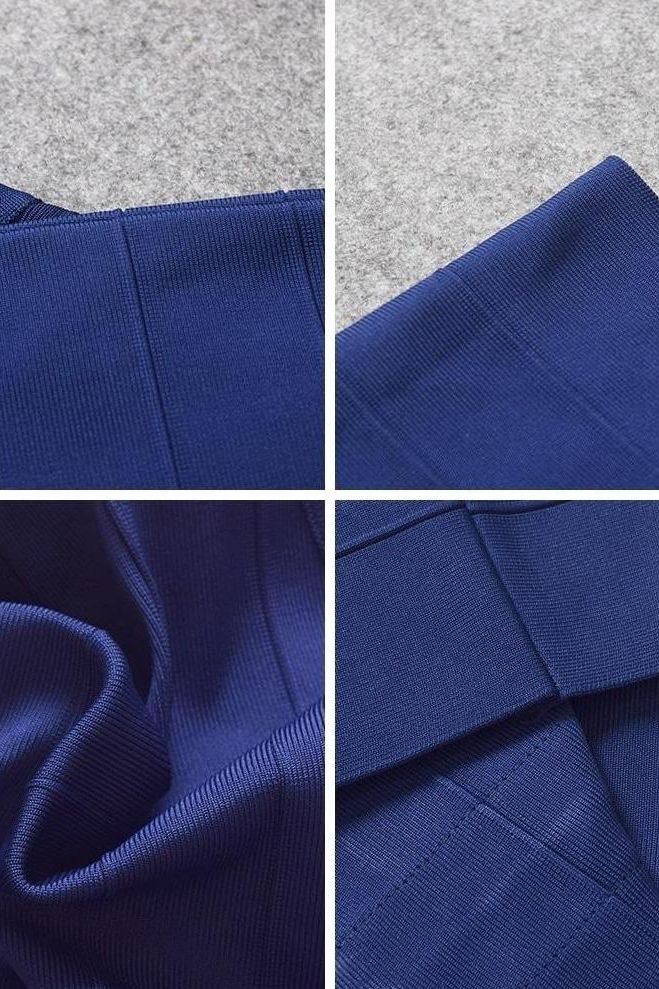 Woman wearing a figure flattering Heidi Bandage Mini Dress - Navy Blue Bodycon Collection