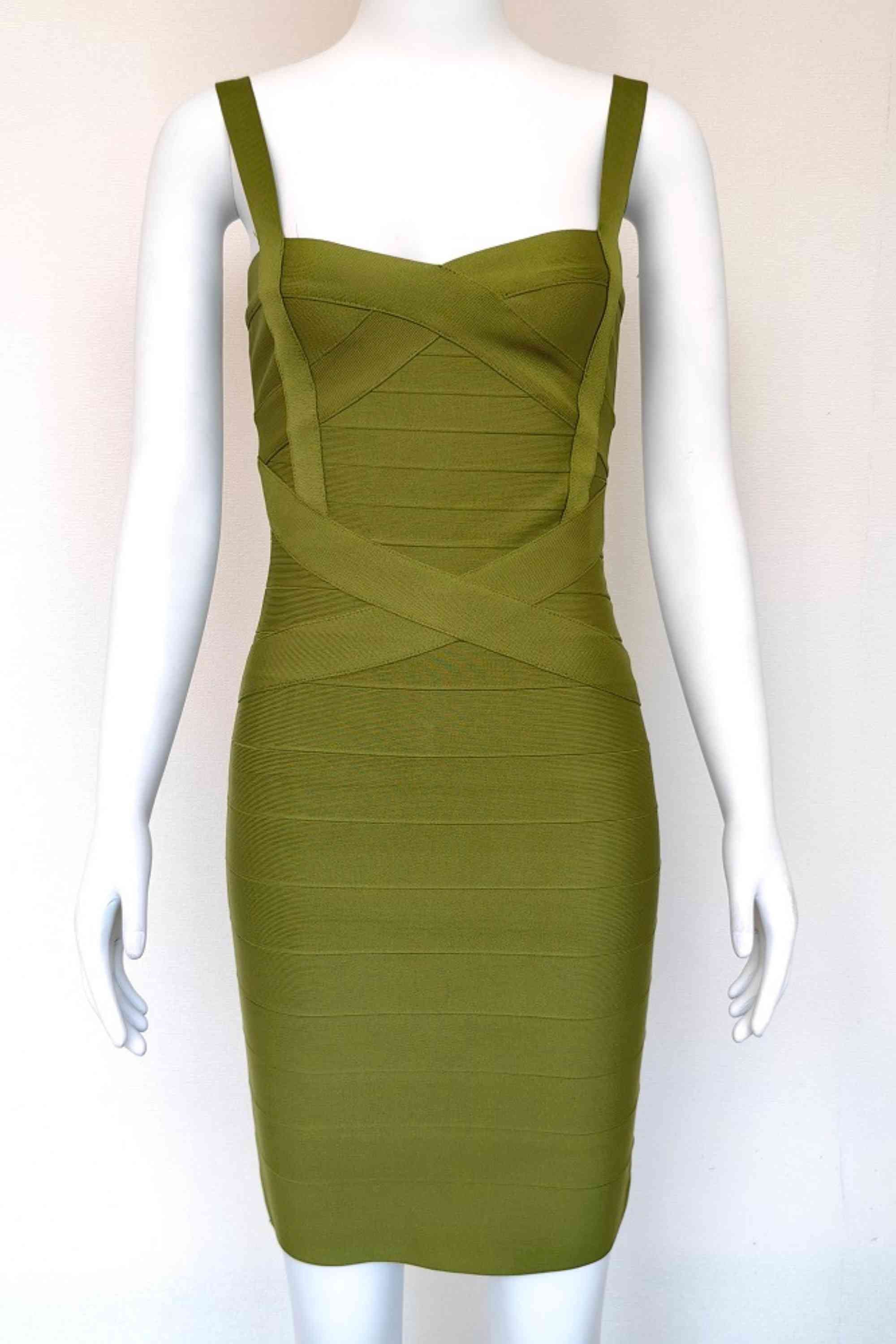 Woman wearing a figure flattering Heidi Bandage Mini Dress - Olive Green Bodycon Collection