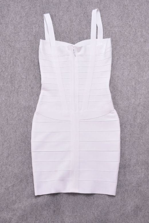Woman wearing a figure flattering Heidi Bandage Mini Dress - Pearl White Bodycon Collection