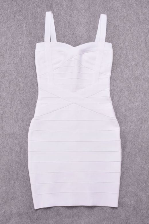 Woman wearing a figure flattering Heidi Bandage Mini Dress - Pearl White Bodycon Collection
